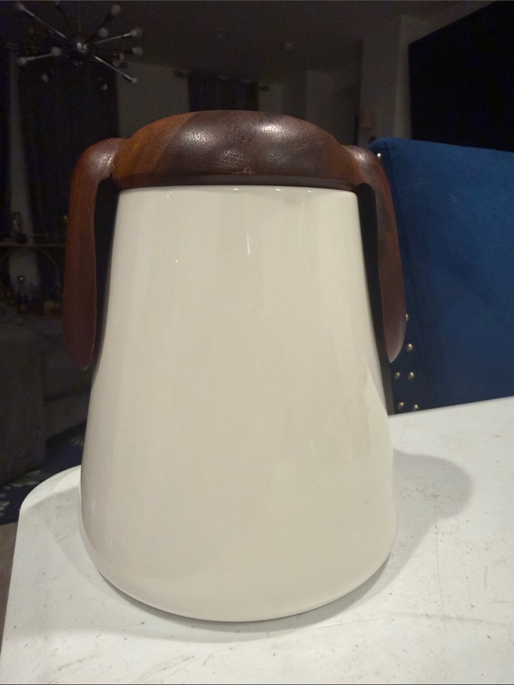 Nambe Cream Ceramic Vessel with Brown Leather Accent